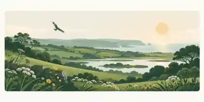 Cornish meadows, wildflowers and coastline at sunset